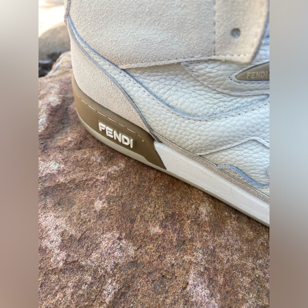 Rare FENDI official match high top sneakers shoe white taupe leather - Picture 3 of 12